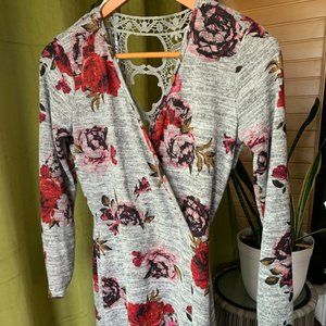Floral gray dress.